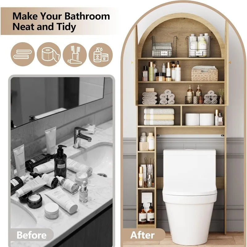 Over The Toilet Storage Cabinet With Rattan Doors Arch Design For Bathroom Organization