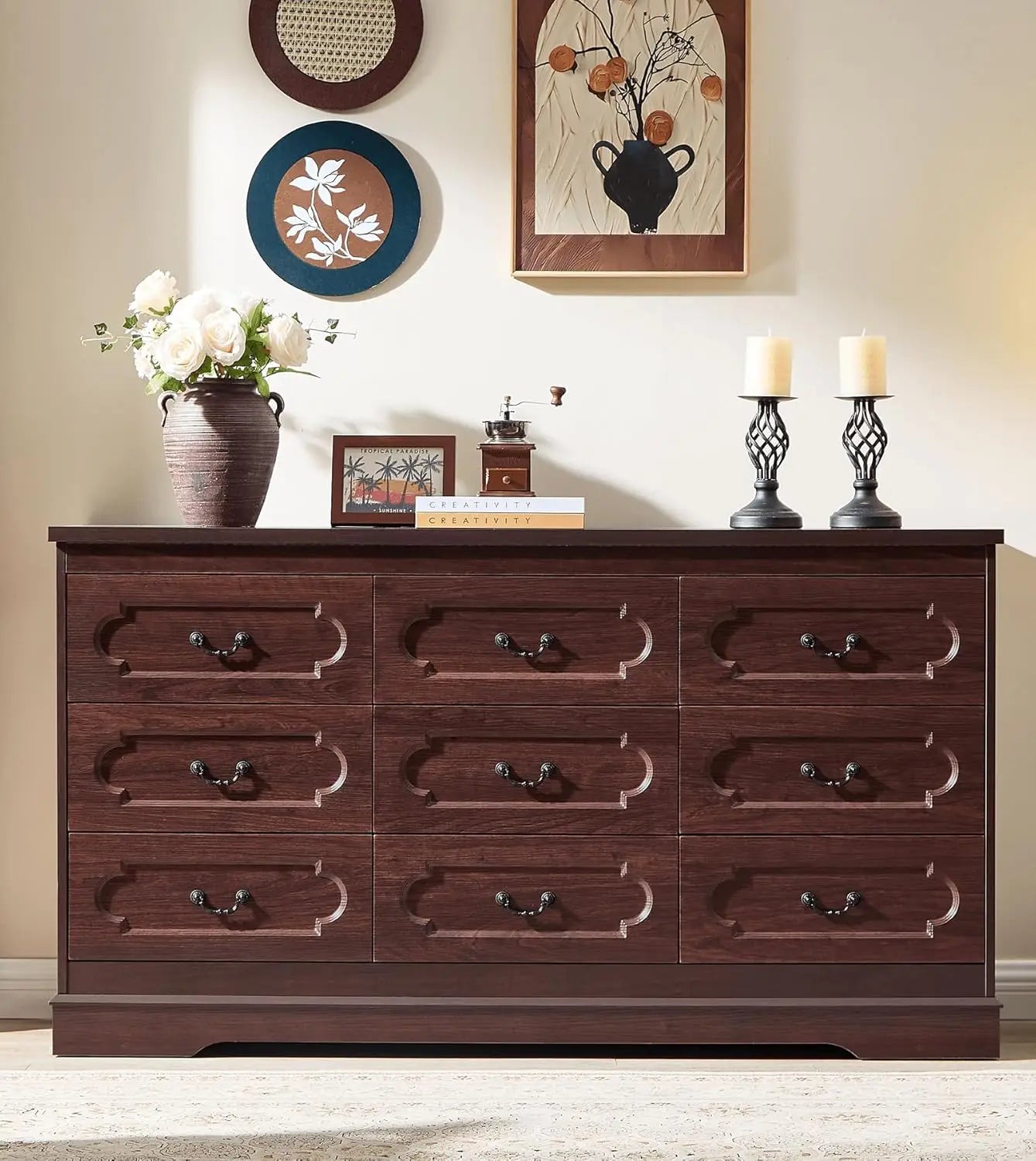 General Farmhouse Dresser Cherry Wood Bedroom Rustic Five Drawer Storage Chest With Durable Engineered Construction