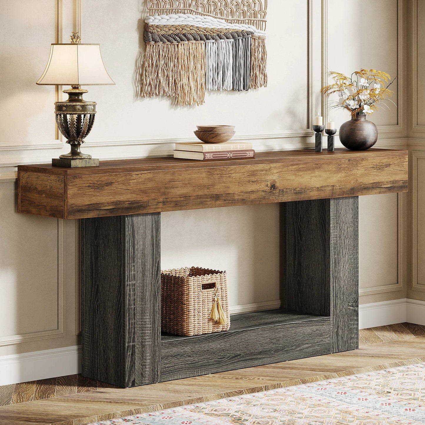Tribesigns Farmhouse Console Table With U Shaped Base Two Tier Entryway 63 Inch Rustic Brown Top Vintage Gray