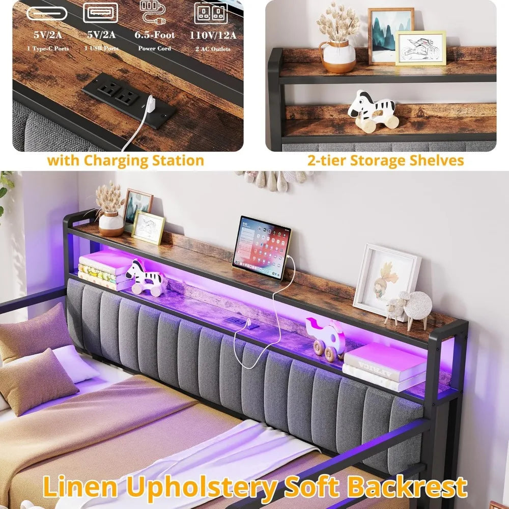 Twin Daybed With Trundle LED Lights And Charging Station