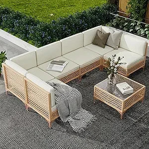 Outdoor Wicker Patio Sectional Set With Tempered Glass Coffee Table For All Weather Relaxation