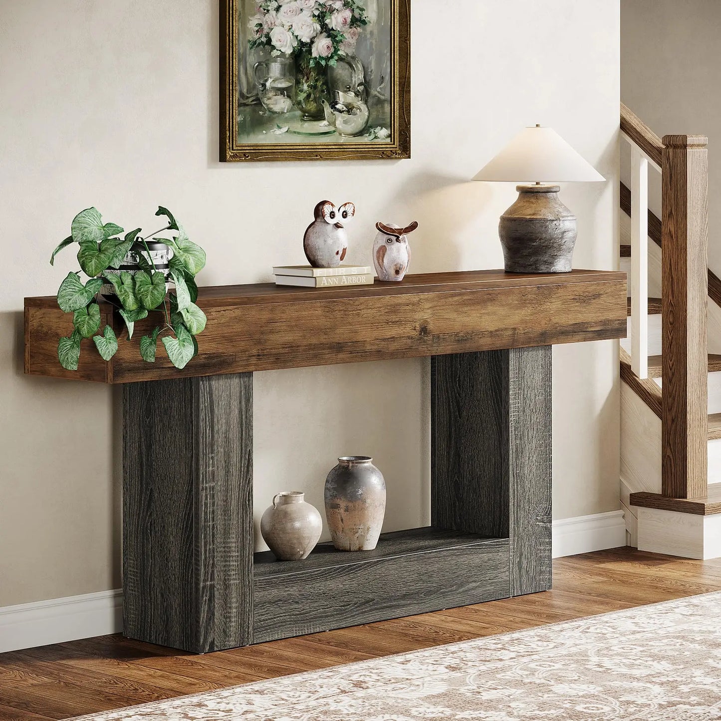 Tribesigns Farmhouse Console Table With U Shaped Base Two Tier Entryway 63 Inch Rustic Brown Top Vintage Gray