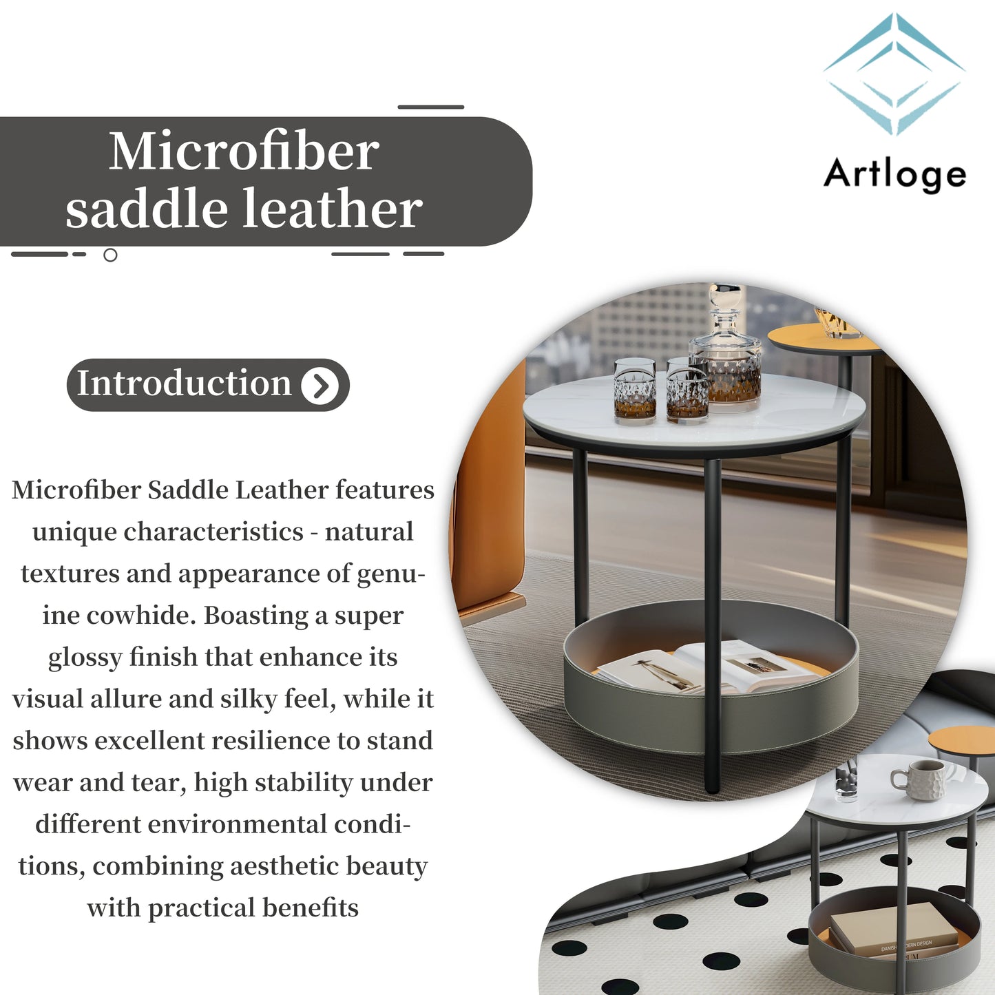 Unique 3 Tier Table With Stone Top And Leather Shelves