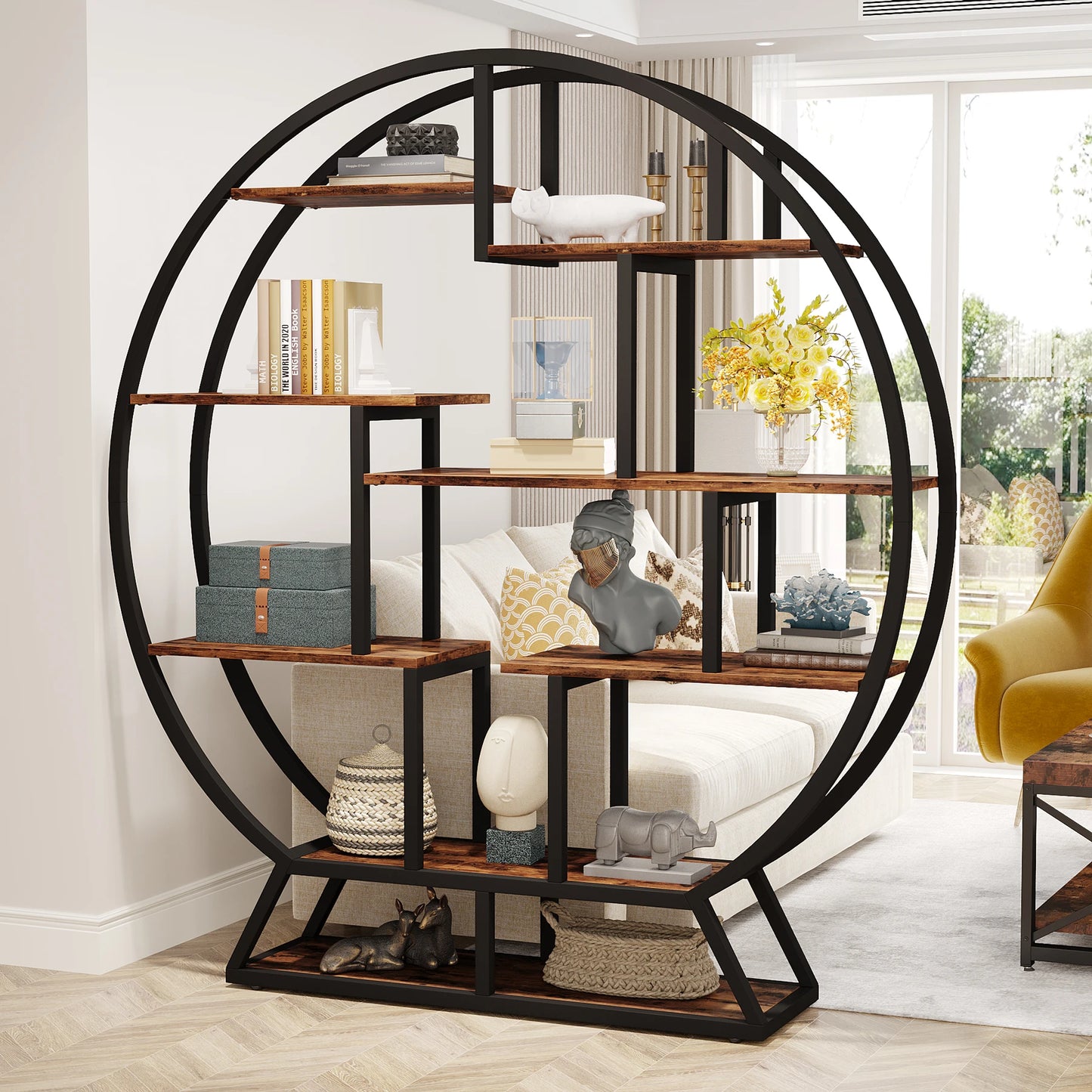Tribesigns Five Tier Round Etagere Bookshelf With Industrial Wood