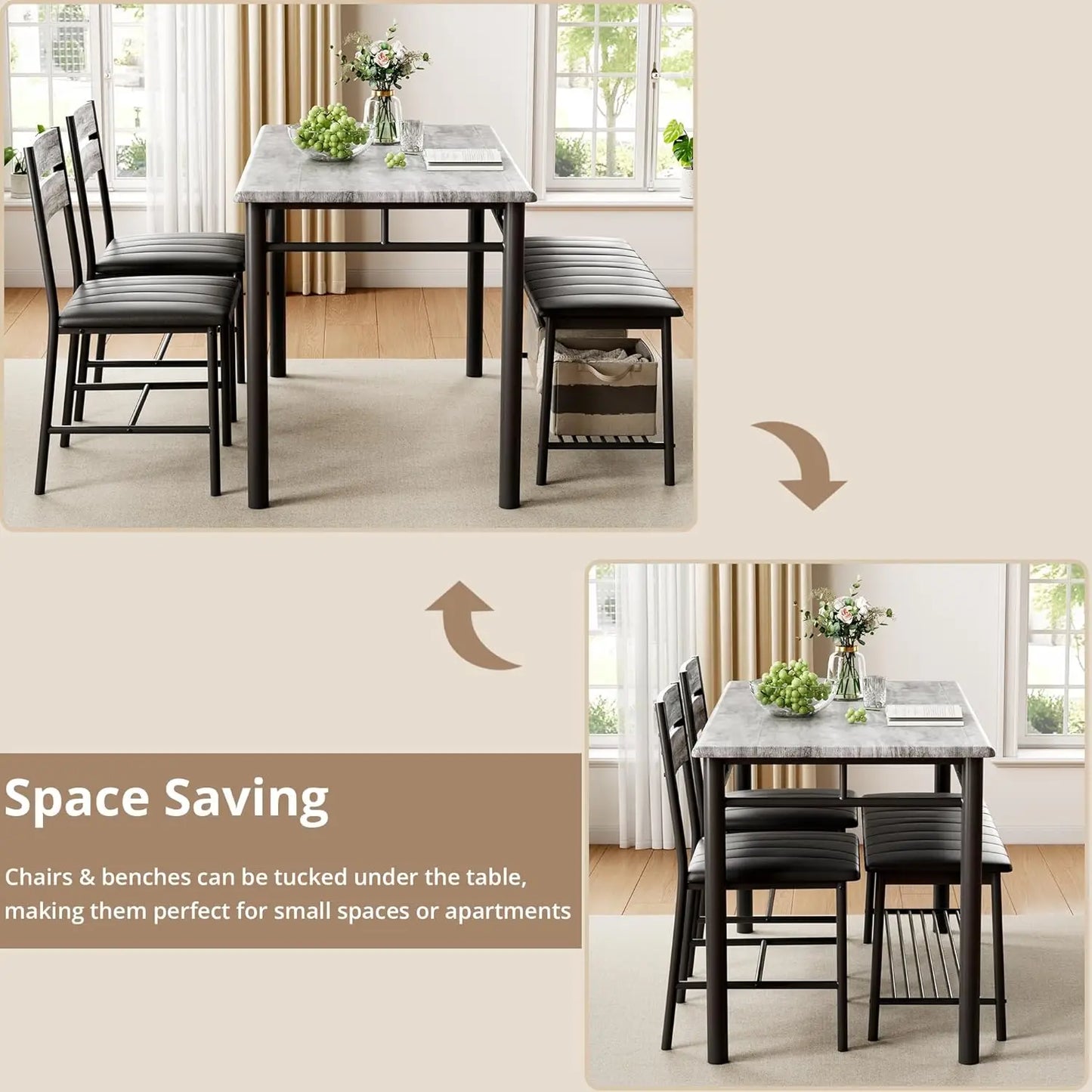 Ironck Four Piece Dining Table Set for Small Space with Upholstered Bench Metal and Engineered Wood