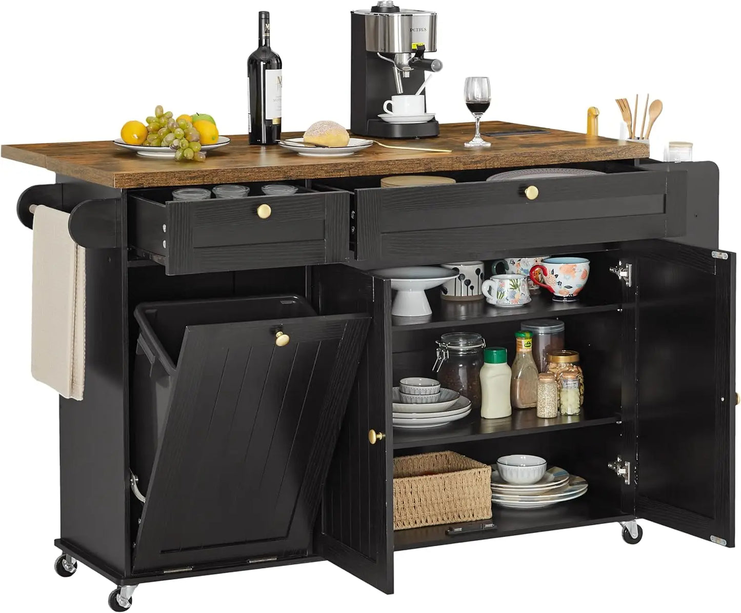 ONBRILL Mobile Kitchen Island with Drop Leaf Power Outlet
