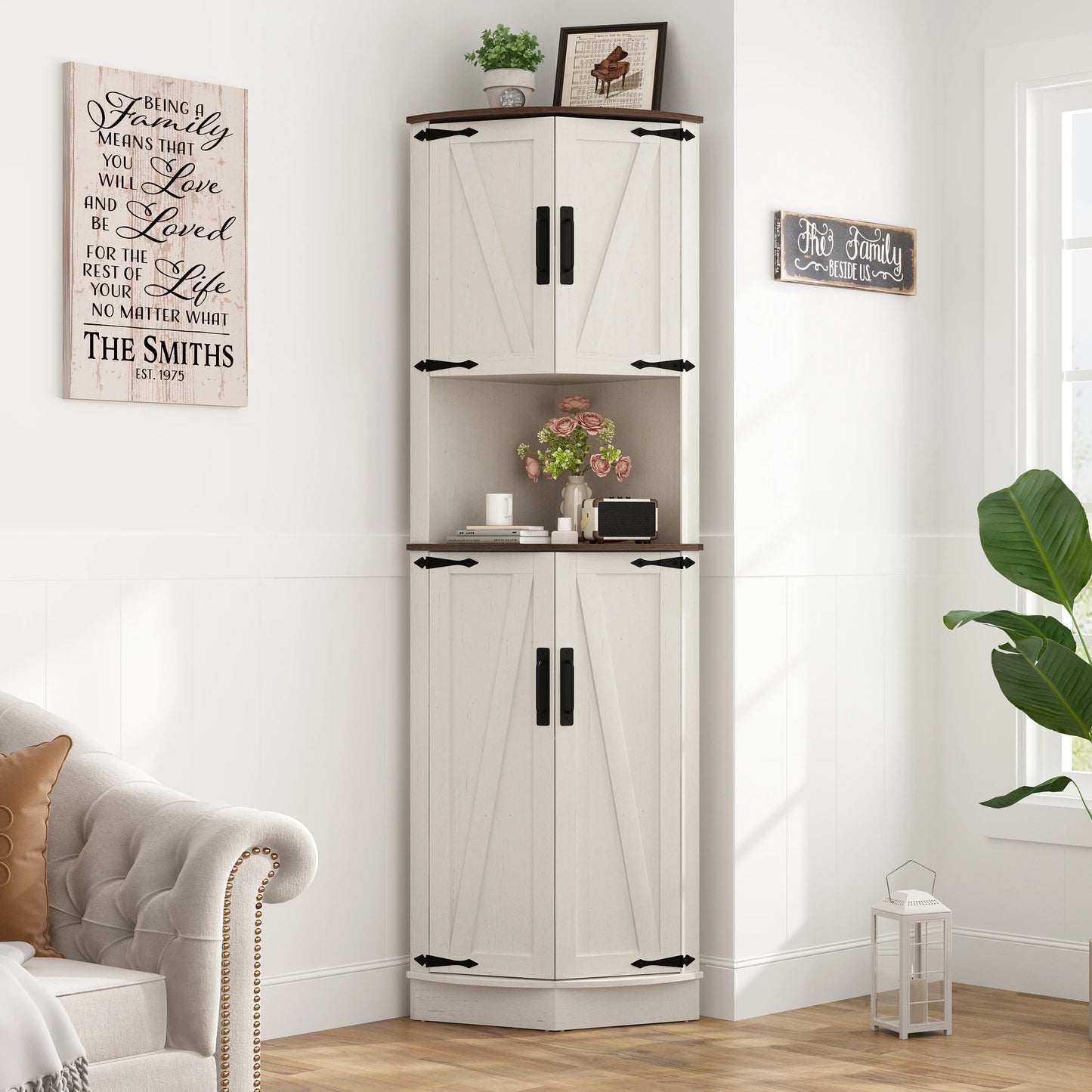QiaoShiRen Corner Storage Cabinet With Barn Doors Farmhouse