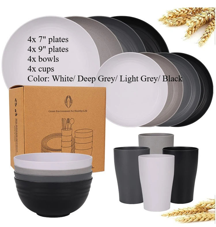 Natural Wheat Straw Tableware Set Plates Bowls Cups Biodegradable Lightweight Eco Friendly Dinnerware