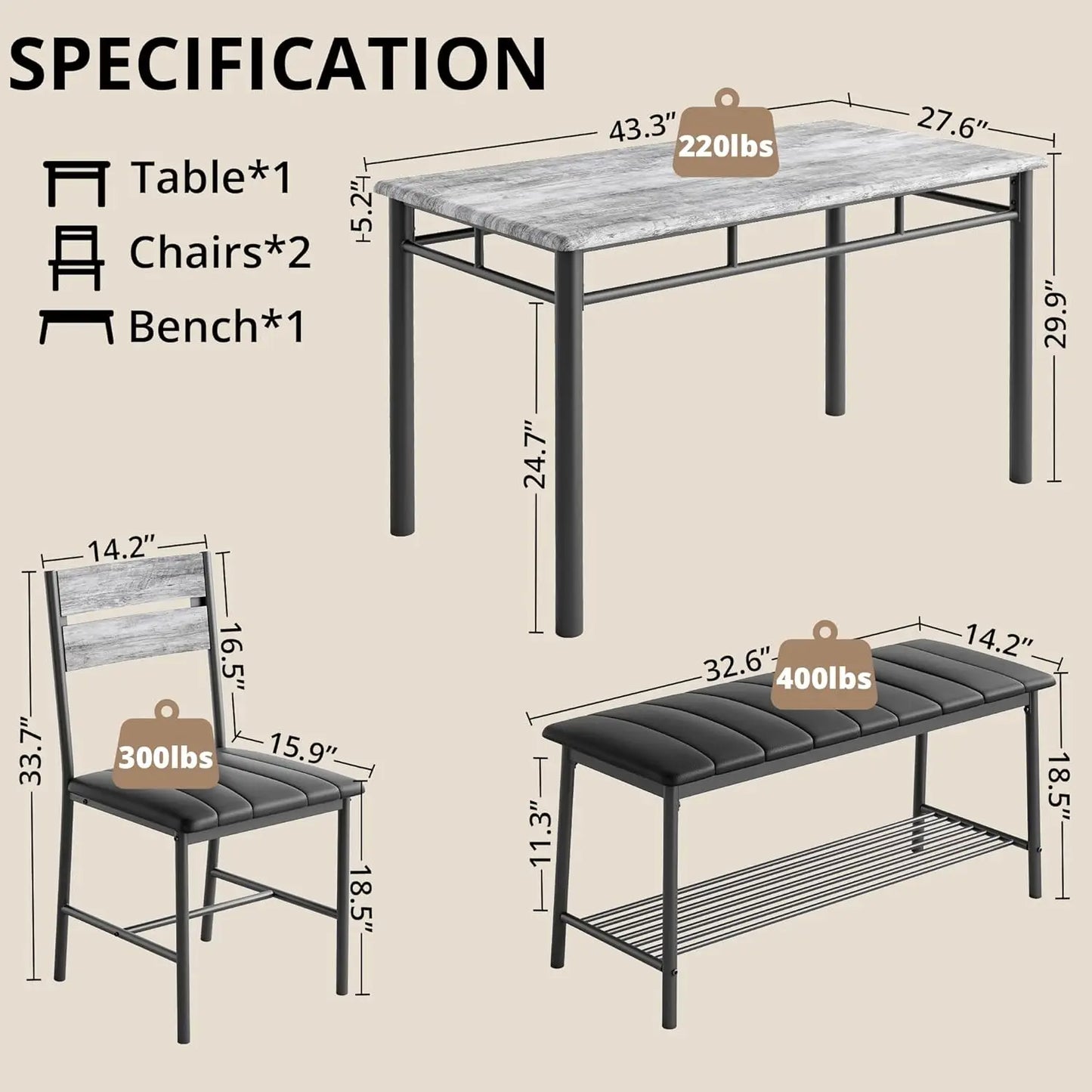 Ironck Four Piece Dining Table Set for Small Space with Upholstered Bench Metal and Engineered Wood