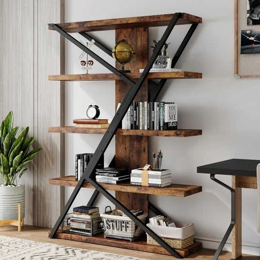 Rustic Industrial 5 Tier Bookshelf With Wood And Metal Frame For Living Room And Home Office