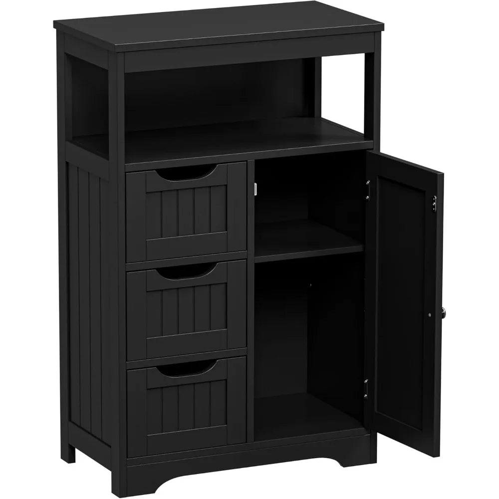 Black Bathroom Floor Cabinet Storage Organizer With 1 Door And 3 Drawers And Adjustable Shelf