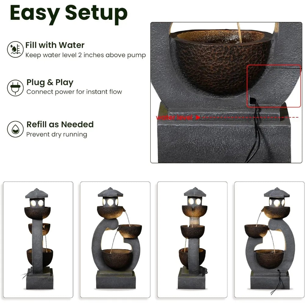 Outdoor Garden Zen Pagoda Water Fountain With LED Lights And Quiet Pump For Patios And Gardens