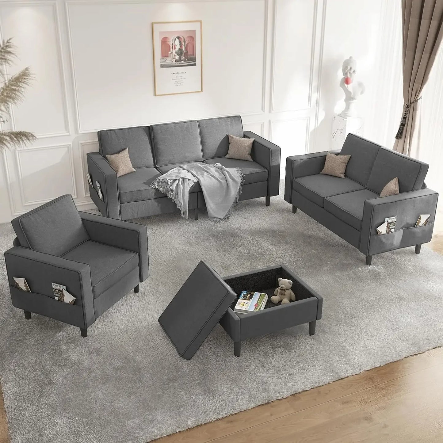 Combination L Shaped Sectional Sofa Set With Ottoman And Storage Seats Up To Six