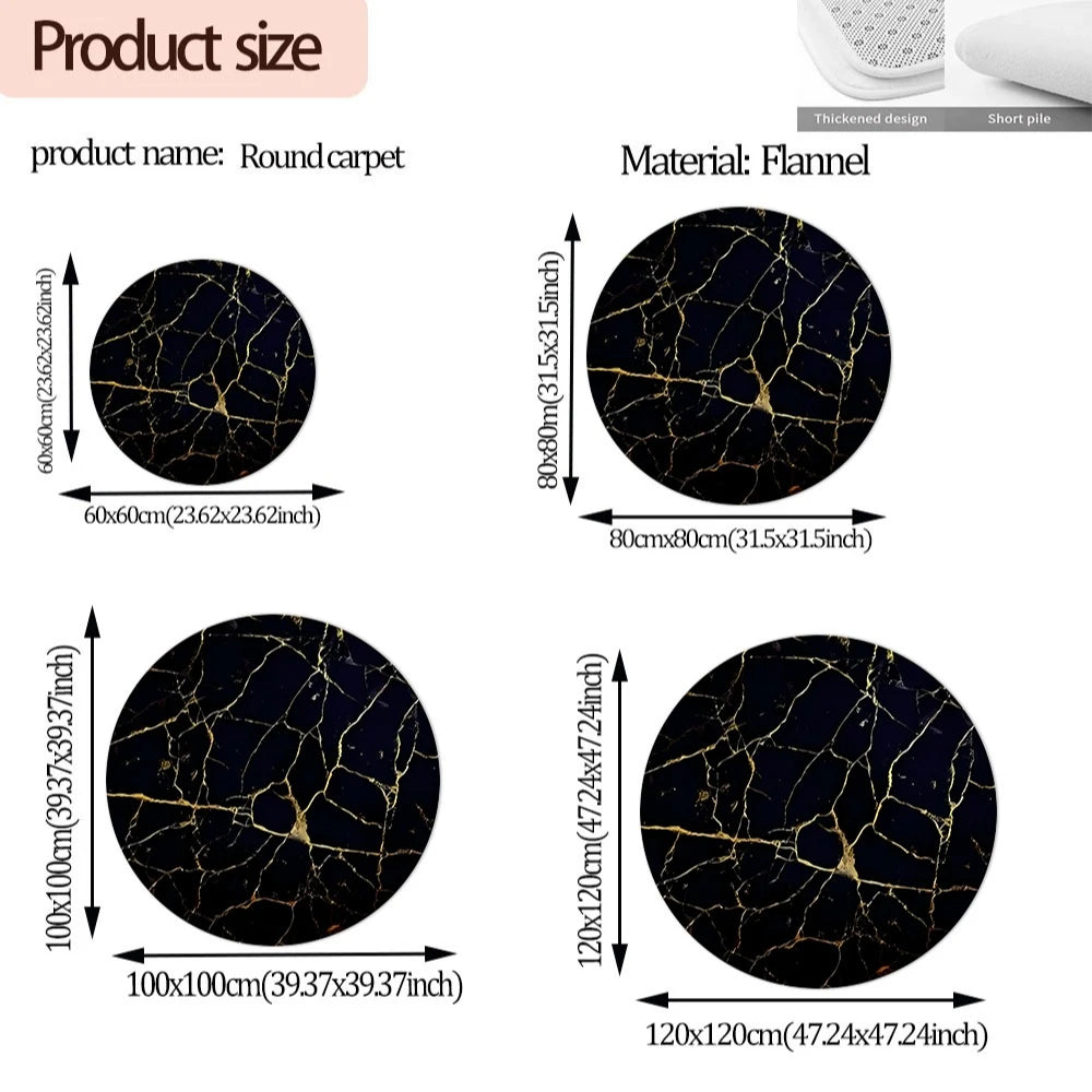 Black Gold Marble Vein Round Rug Flannel Modern Luxury Mat 100 Percent Polyester Soft Anti Static Surface
