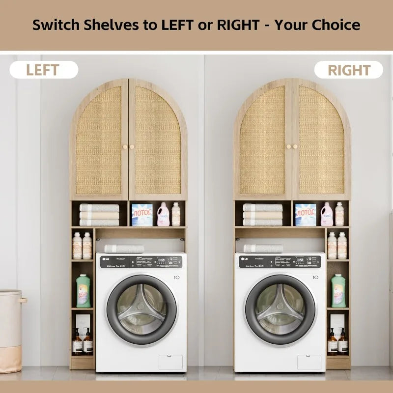 Over The Toilet Storage Cabinet With Rattan Doors Arch Design For Bathroom Organization