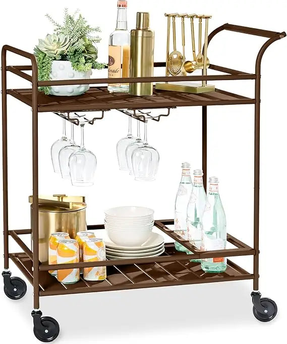 Outdoor Mobile Bar Cart With 2 Tier Storage Lockable Wheels