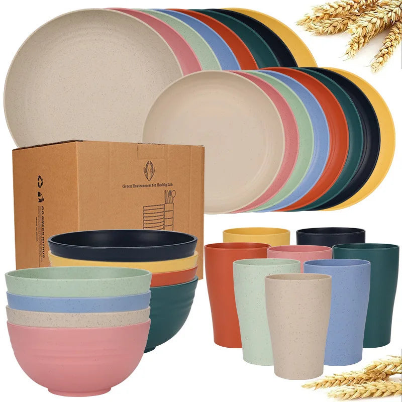 Natural Wheat Straw Tableware Set Plates Bowls Cups Biodegradable Lightweight Eco Friendly Dinnerware