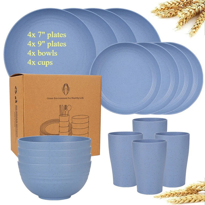 Natural Wheat Straw Tableware Set Plates Bowls Cups Biodegradable Lightweight Eco Friendly Dinnerware
