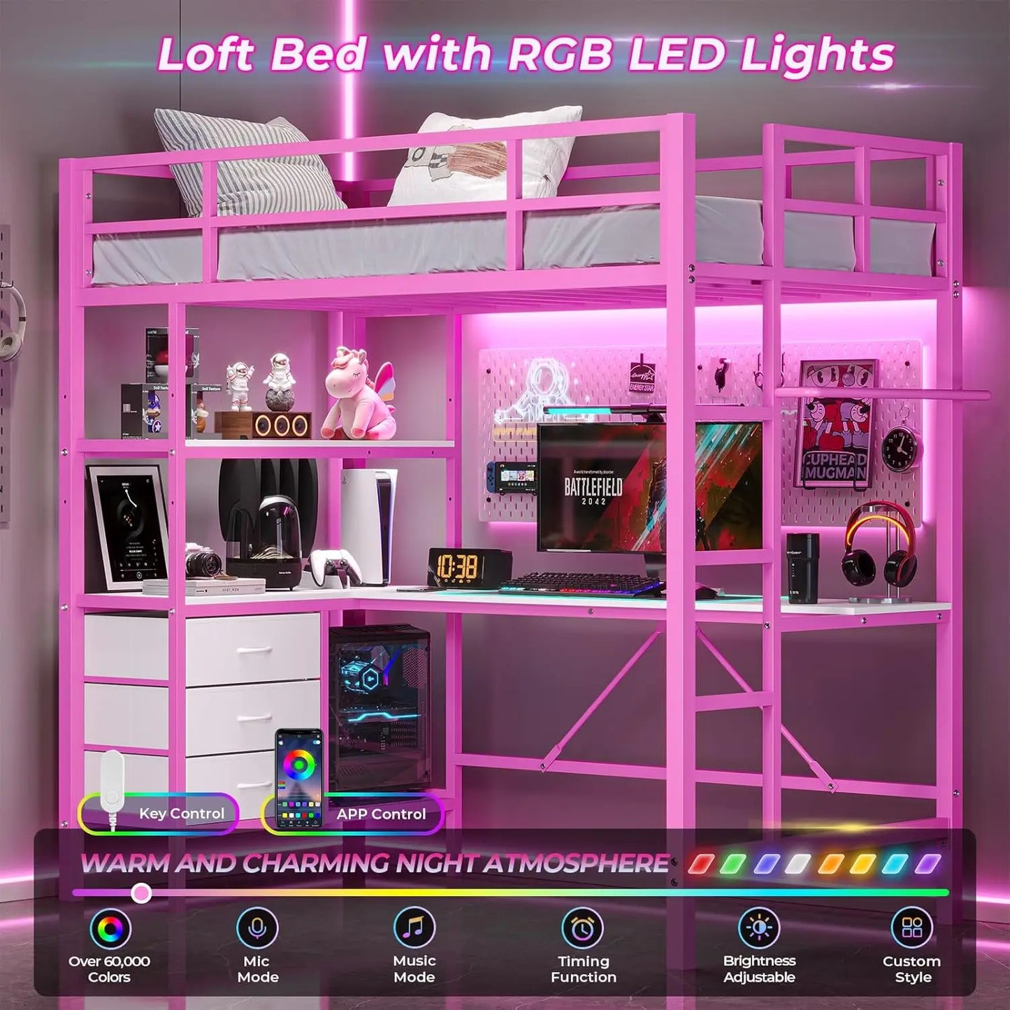 XMSJ Loft Bed With L Shaped Desk LED Lights Storage Shelves