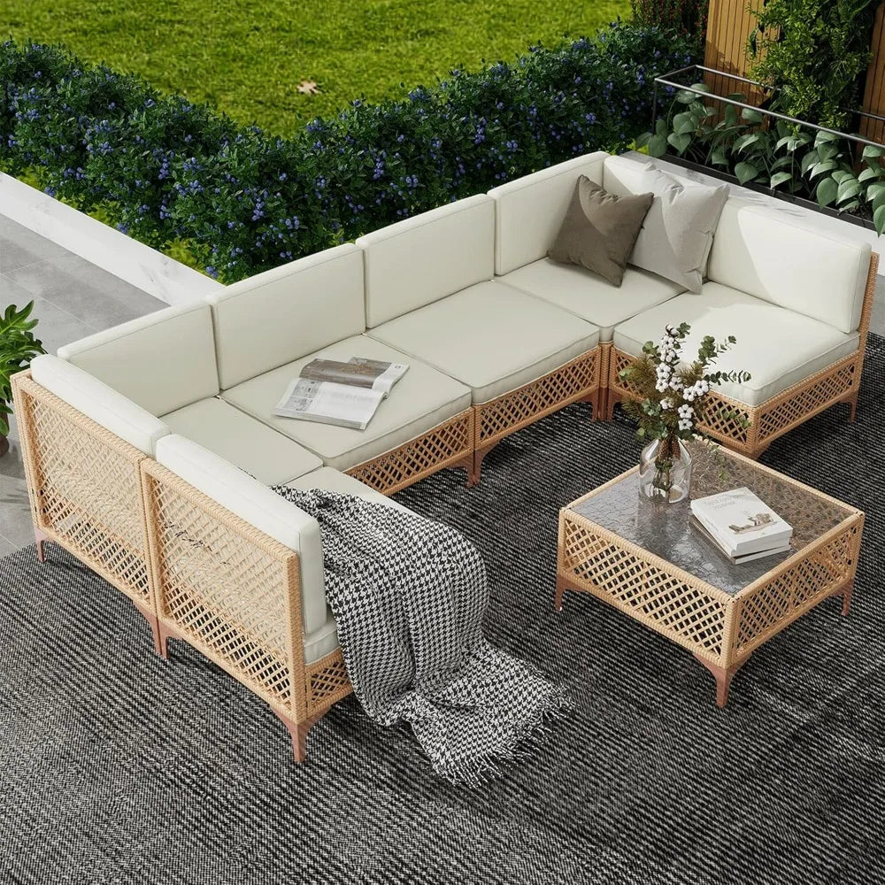 Outdoor Wicker Patio Sectional Set With Tempered Glass Coffee Table For All Weather Relaxation