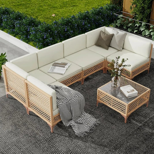 Outdoor Wicker Patio Sectional Set With Tempered Glass Coffee Table For All Weather Relaxation