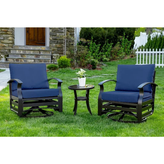 Outdoor Aluminum Patio Set With Swivel Cushioned Chairs And Glass Top Table Three Piece
