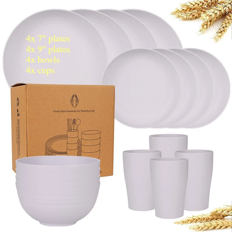 Natural Wheat Straw Tableware Set Plates Bowls Cups Biodegradable Lightweight Eco Friendly Dinnerware