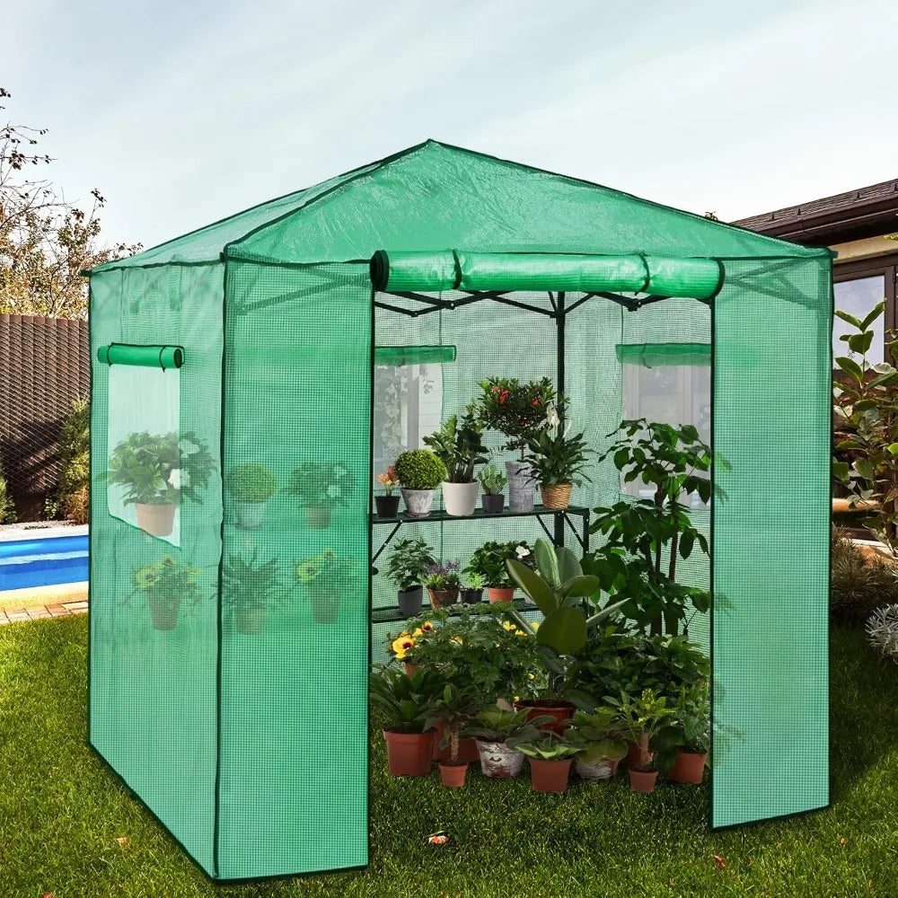 Portable Walk-In Greenhouse with Roll-Up Door and Shelves