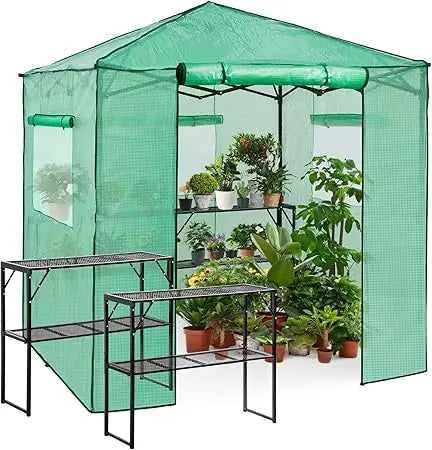 Portable Walk-In Greenhouse with Roll-Up Door and Shelves