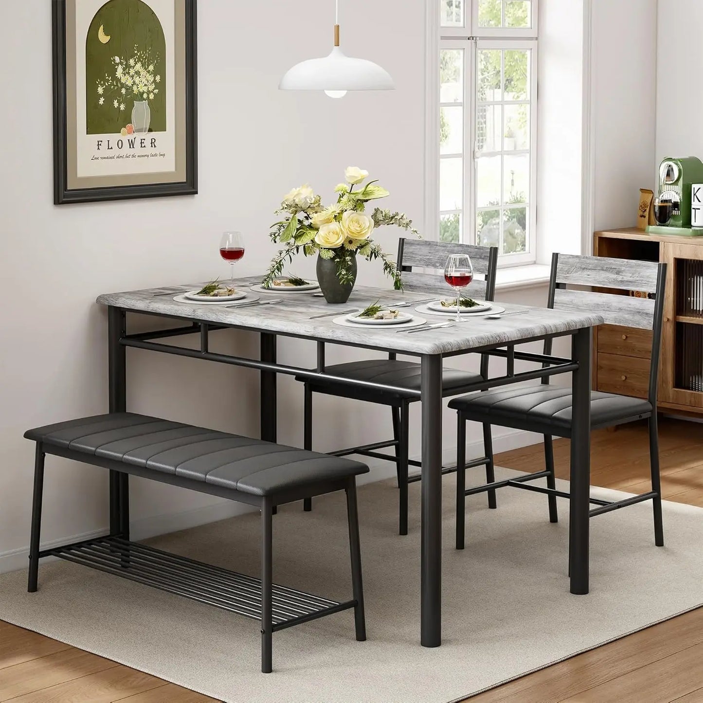 Ironck Four Piece Dining Table Set for Small Space with Upholstered Bench Metal and Engineered Wood