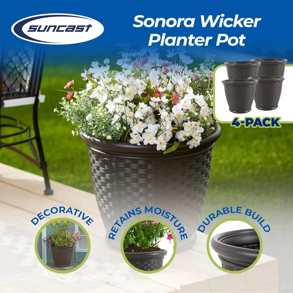 Suncast Sonora Lightweight Plastic Wicker Planter Outdoor