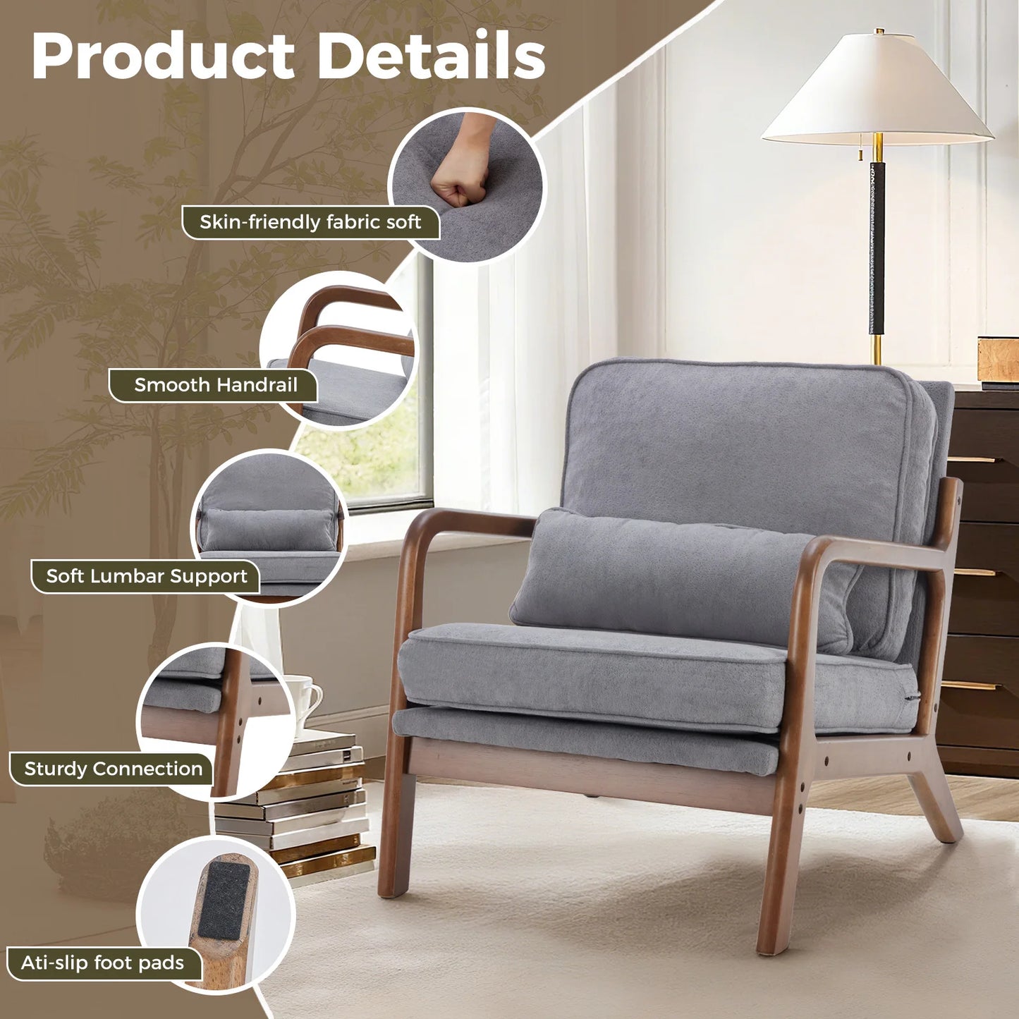 JHK Mid Century Modern Solid Wood Frame Accent Chair With Rubberwood Construction For Durable Comfort