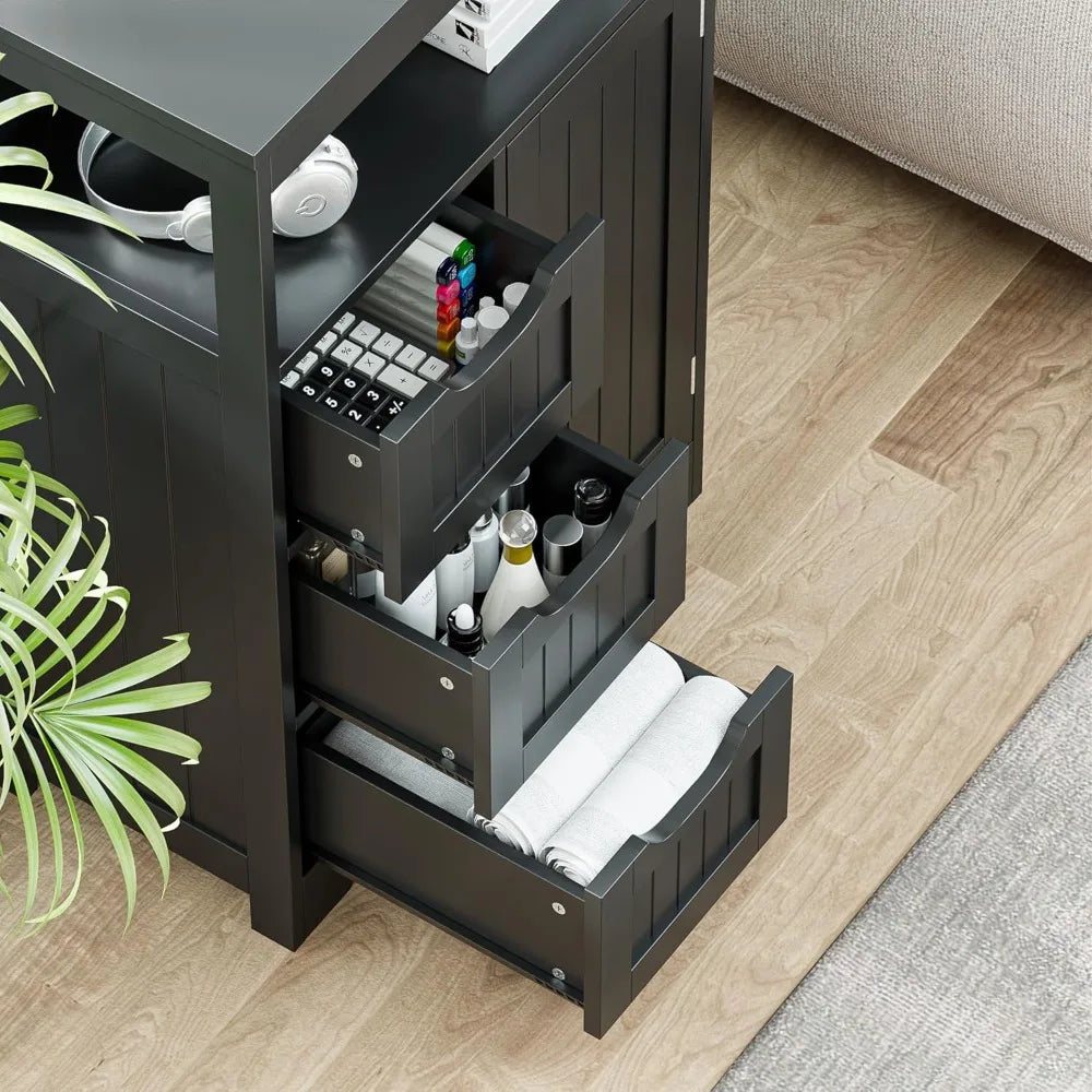 Black Bathroom Floor Cabinet Storage Organizer With 1 Door And 3 Drawers And Adjustable Shelf