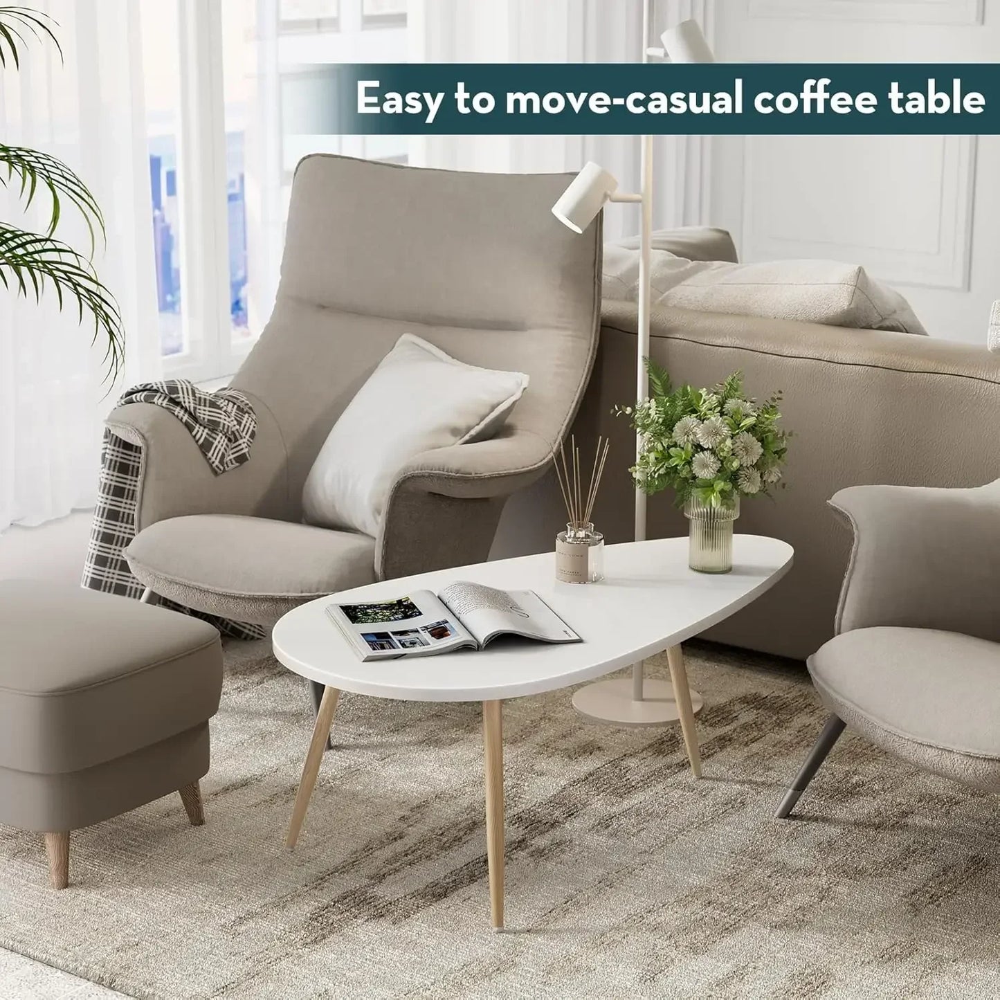 XMSJ Modern Oval Coffee Table For Living Room Easy Assembly