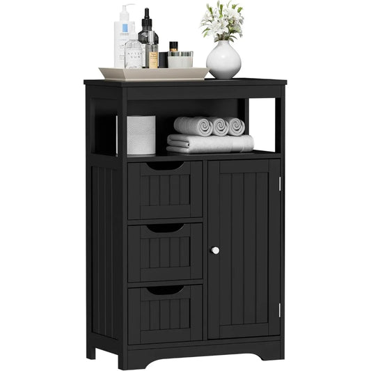 Black Bathroom Floor Cabinet Storage Organizer With 1 Door And 3 Drawers And Adjustable Shelf