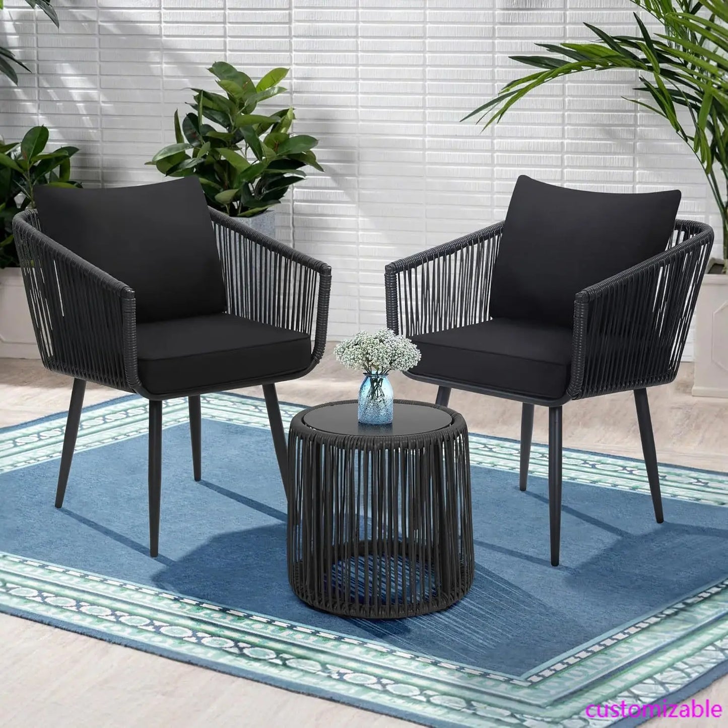 XMSJ 3 Piece Patio Rattan Bistro Set Outdoor All Weather Wicker Chairs And Side Table Durable Weather Resistant