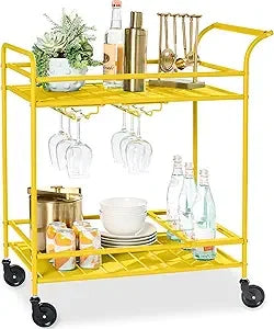 Outdoor Mobile Bar Cart With 2 Tier Storage Lockable Wheels