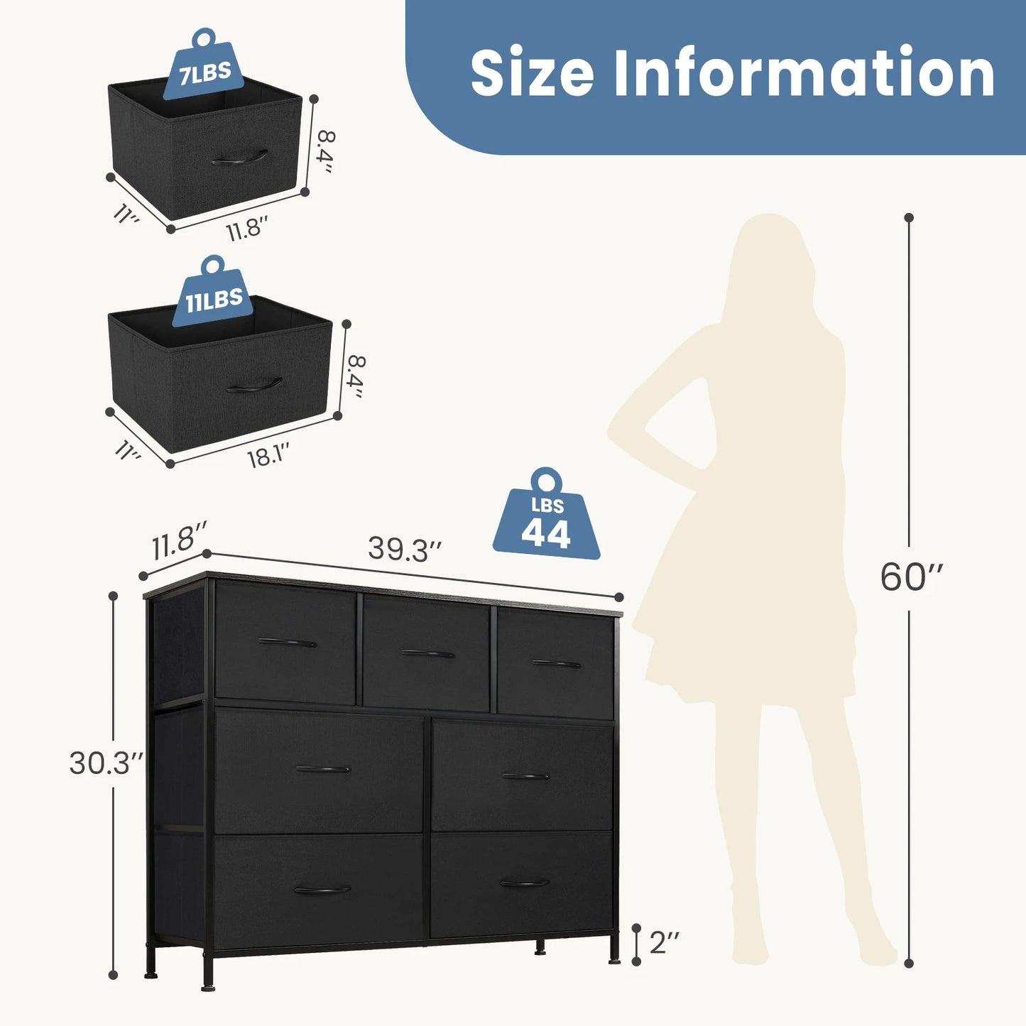 JHK Dresser With Seven Fabric Drawers For Bedroom Storage Four Large And Three Medium Drawers With Sturdy Top Surface