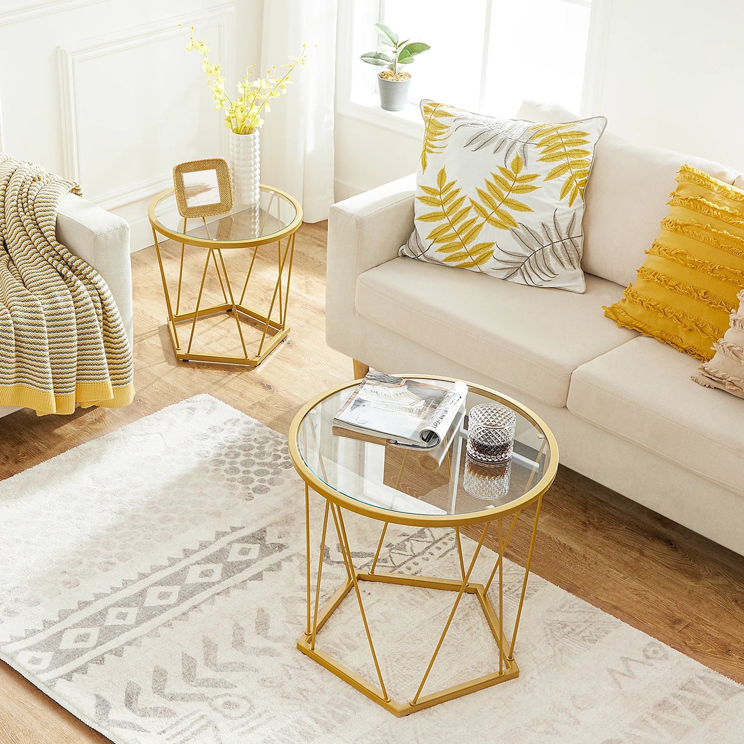 HOOBRO Round Glass Tops Coffee End Tables Set Two Piece