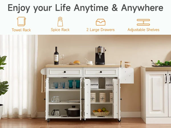 58 Inch Mobile Kitchen Island Cart With Drop Leaf And Power Outlet For Flexible Cooking Prep And Storage
