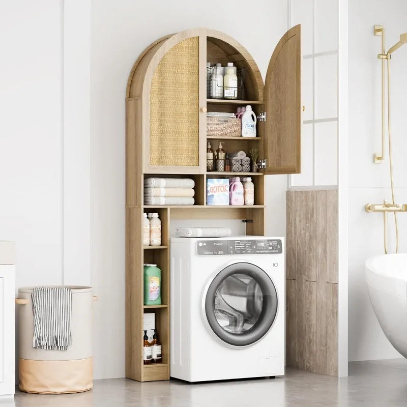 Over The Toilet Storage Cabinet With Rattan Doors Arch Design For Bathroom Organization