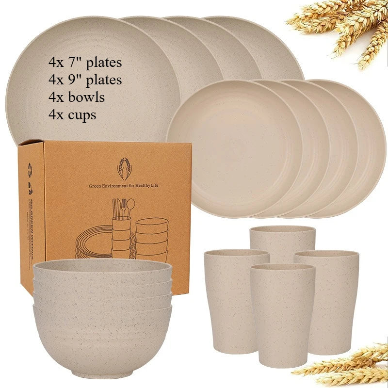 Natural Wheat Straw Tableware Set Plates Bowls Cups Biodegradable Lightweight Eco Friendly Dinnerware