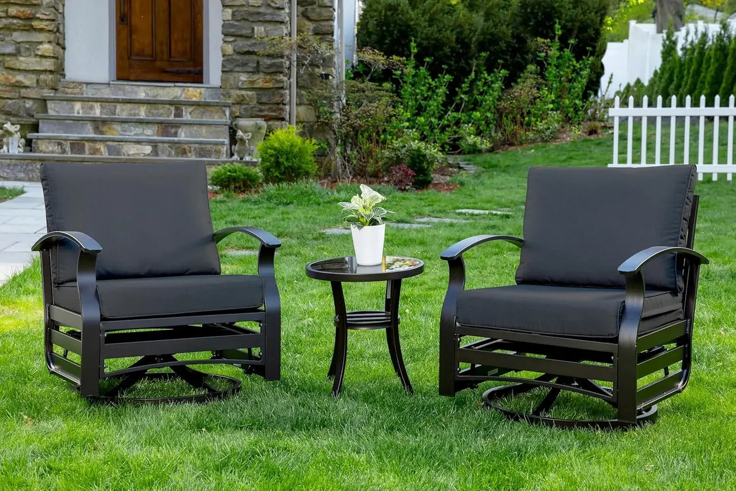 Outdoor Aluminum Patio Set With Swivel Cushioned Chairs And Glass Top Table Three Piece
