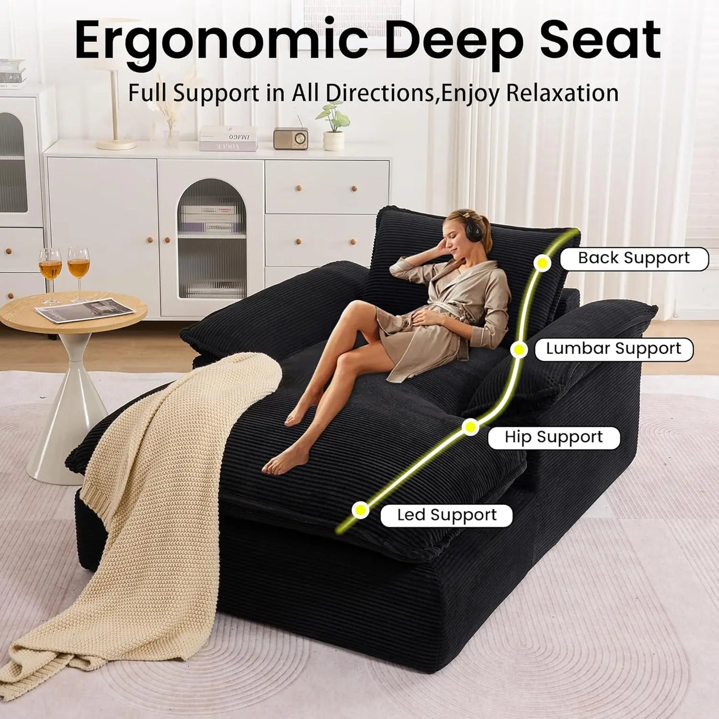 Corduroy Chaise Lounge Chair Sleeper Sofa Bed With Oversized 66.92 Inch Chaise For Modern Living Room Comfort