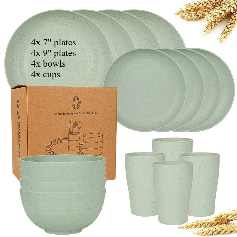 Natural Wheat Straw Tableware Set Plates Bowls Cups Biodegradable Lightweight Eco Friendly Dinnerware