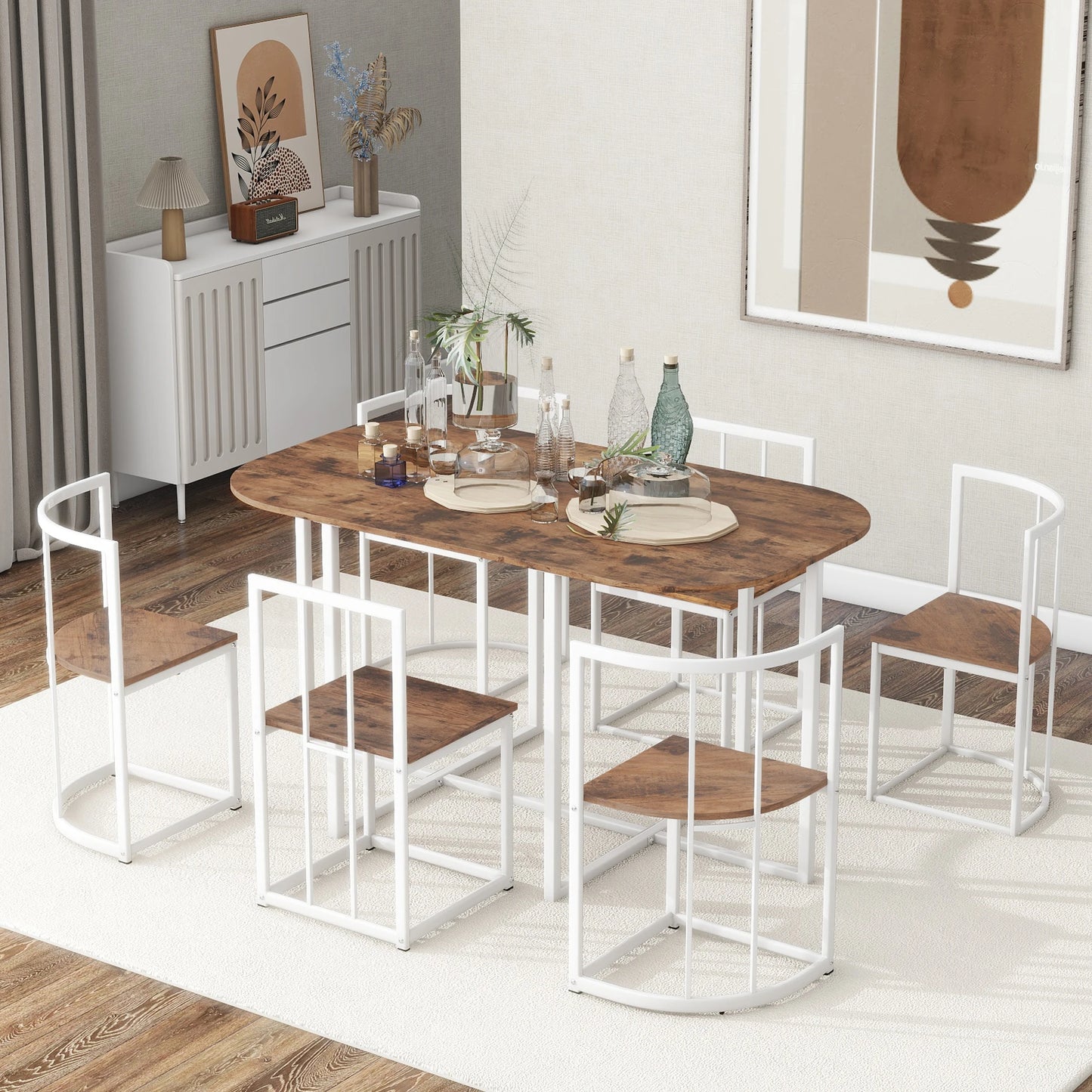 Wavesloop Modern 7 Piece Dining Table Set With Faux Marble