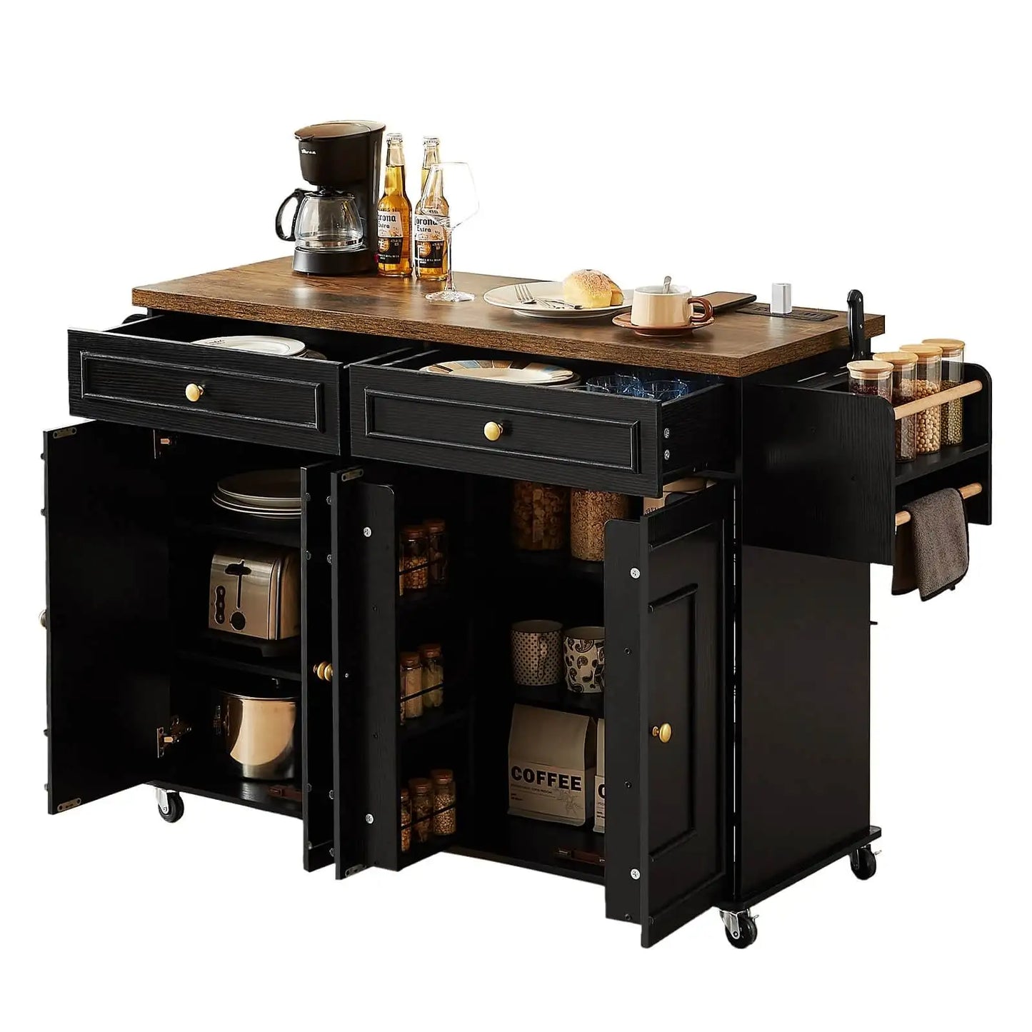 58 Inch Mobile Kitchen Island Cart With Drop Leaf And Power Outlet For Flexible Cooking Prep And Storage