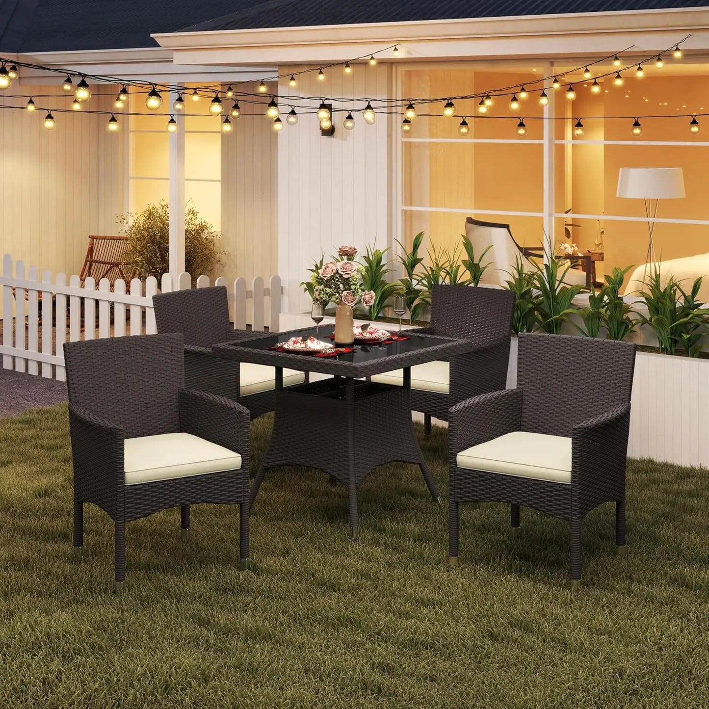 XMSJH Outdoor Rattan 5 Piece Patio Dining Set Glass Table