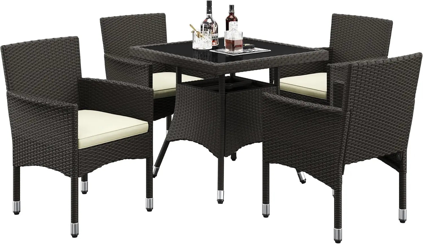 XMSJH Outdoor Rattan 5 Piece Patio Dining Set Glass Table