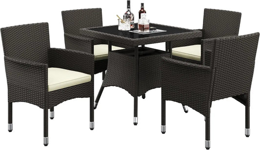 XMSJH Outdoor Rattan 5 Piece Patio Dining Set Glass Table